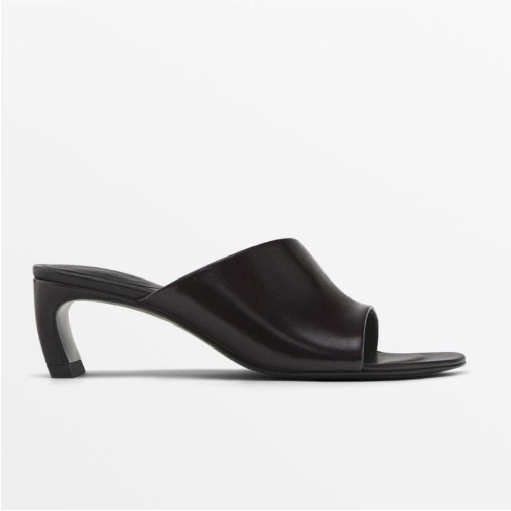 💄Massimo Dutti Leather Open-Toe Mule Heels in Dark Brown US 9 EUR 40
